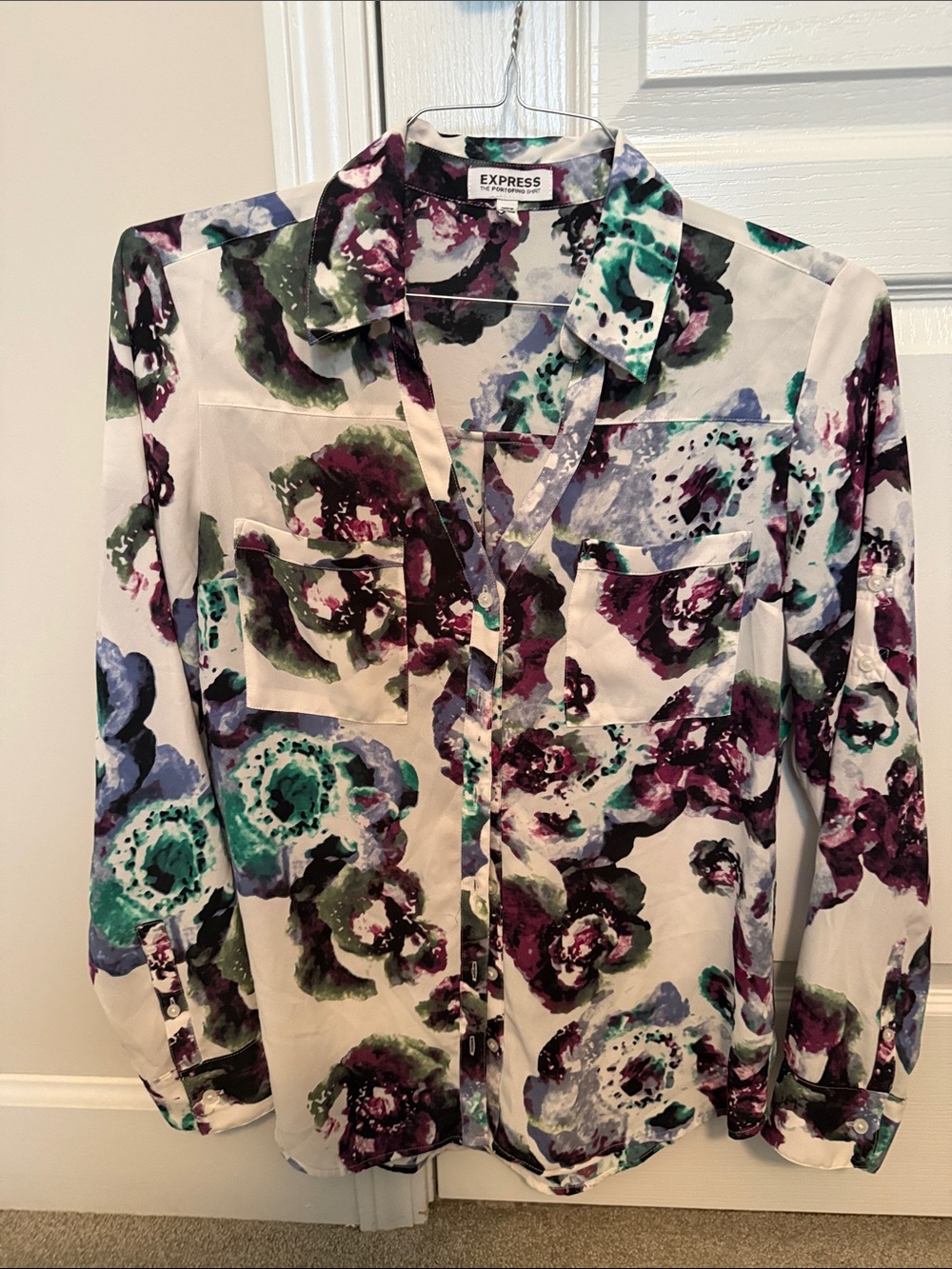 Express White Button-Up Shirt with Purple & Teal Floral Print